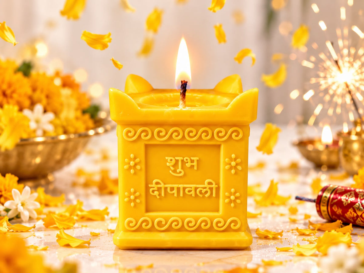 Yellow Shubh Diwali Candle lit among marigolds and Diwali sparklers